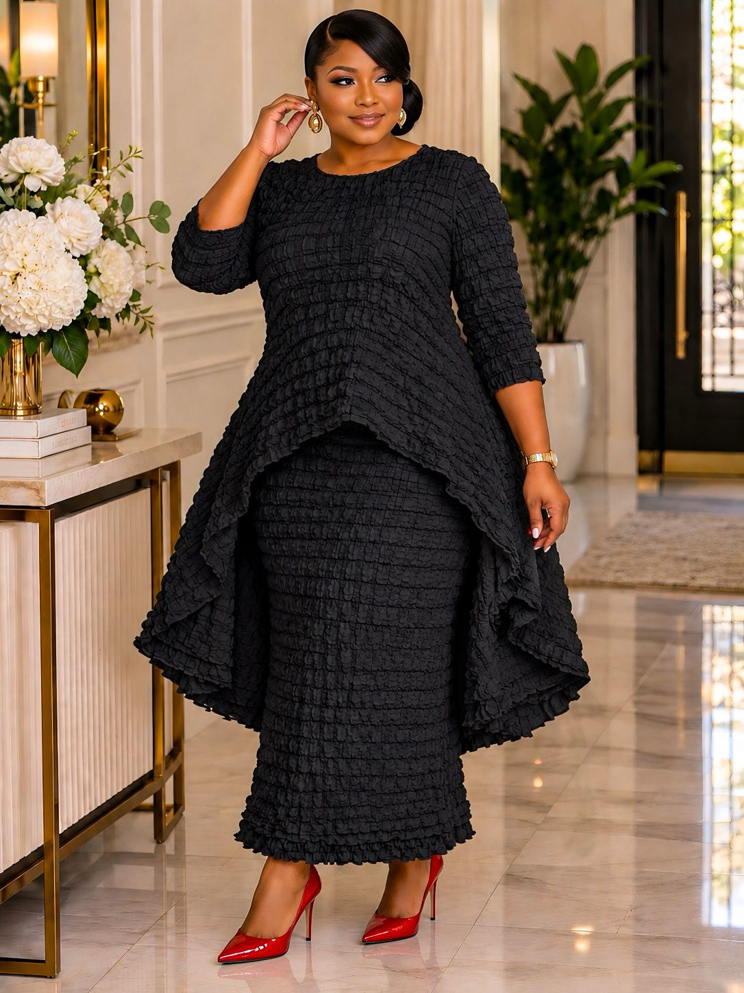 Black Popcorn Skirt Set