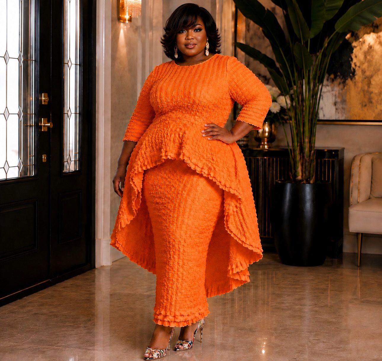 Orange Popcorn Skirt Set