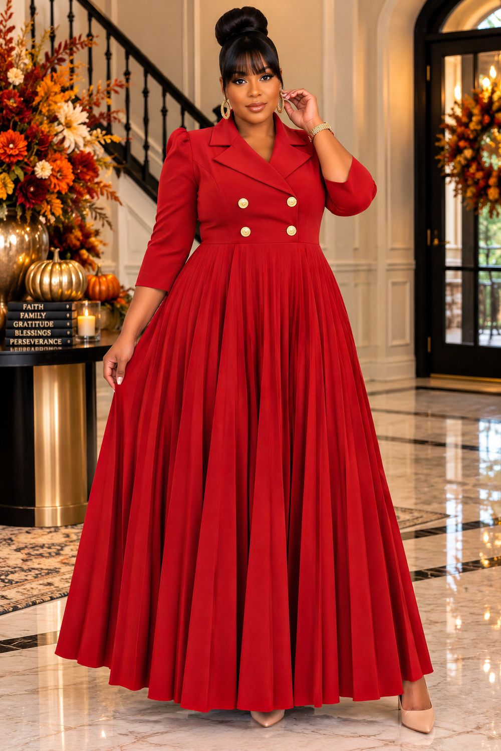 Rust Orange Fancy Pleated Dress