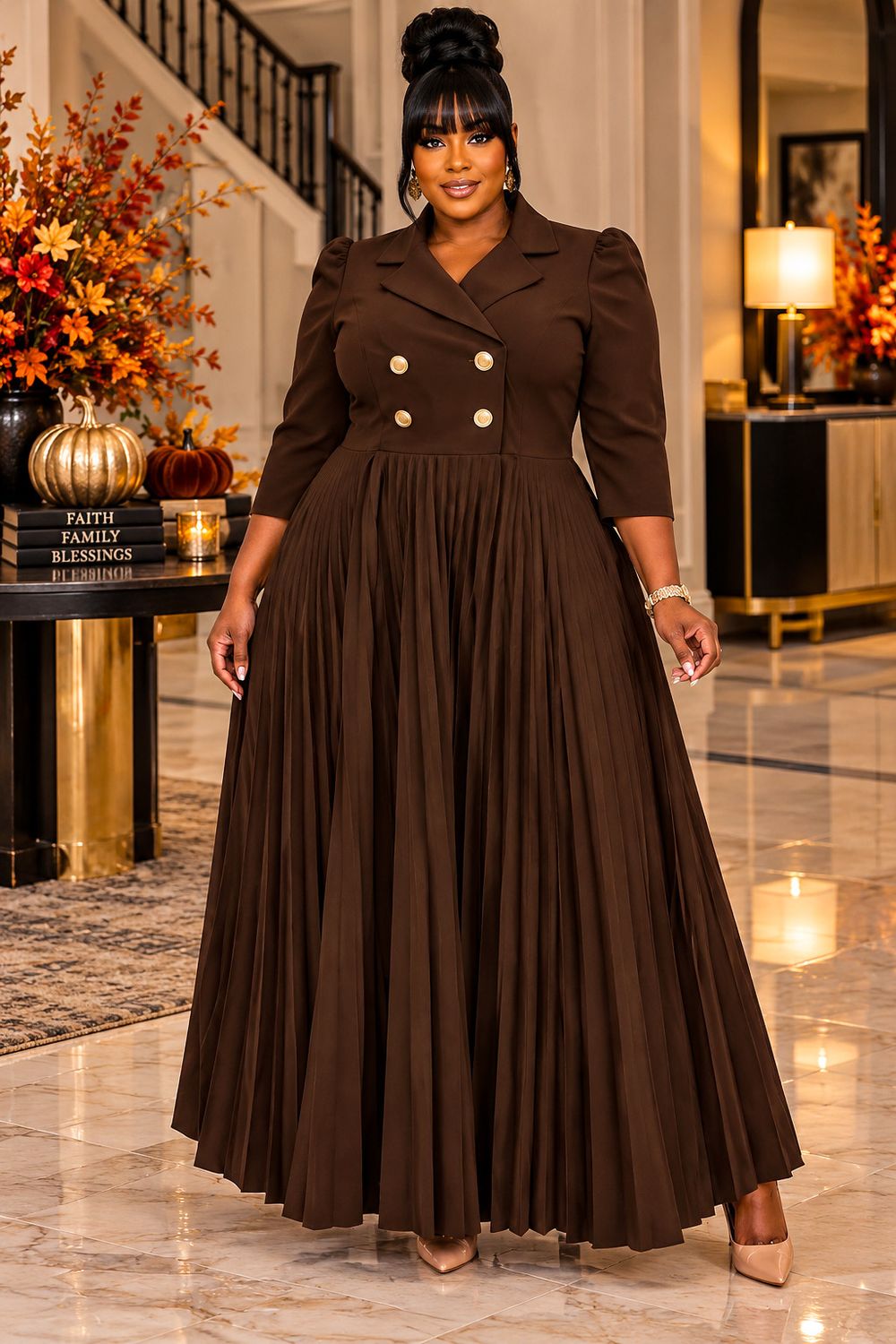 Mocha Fancy Pleated Dress