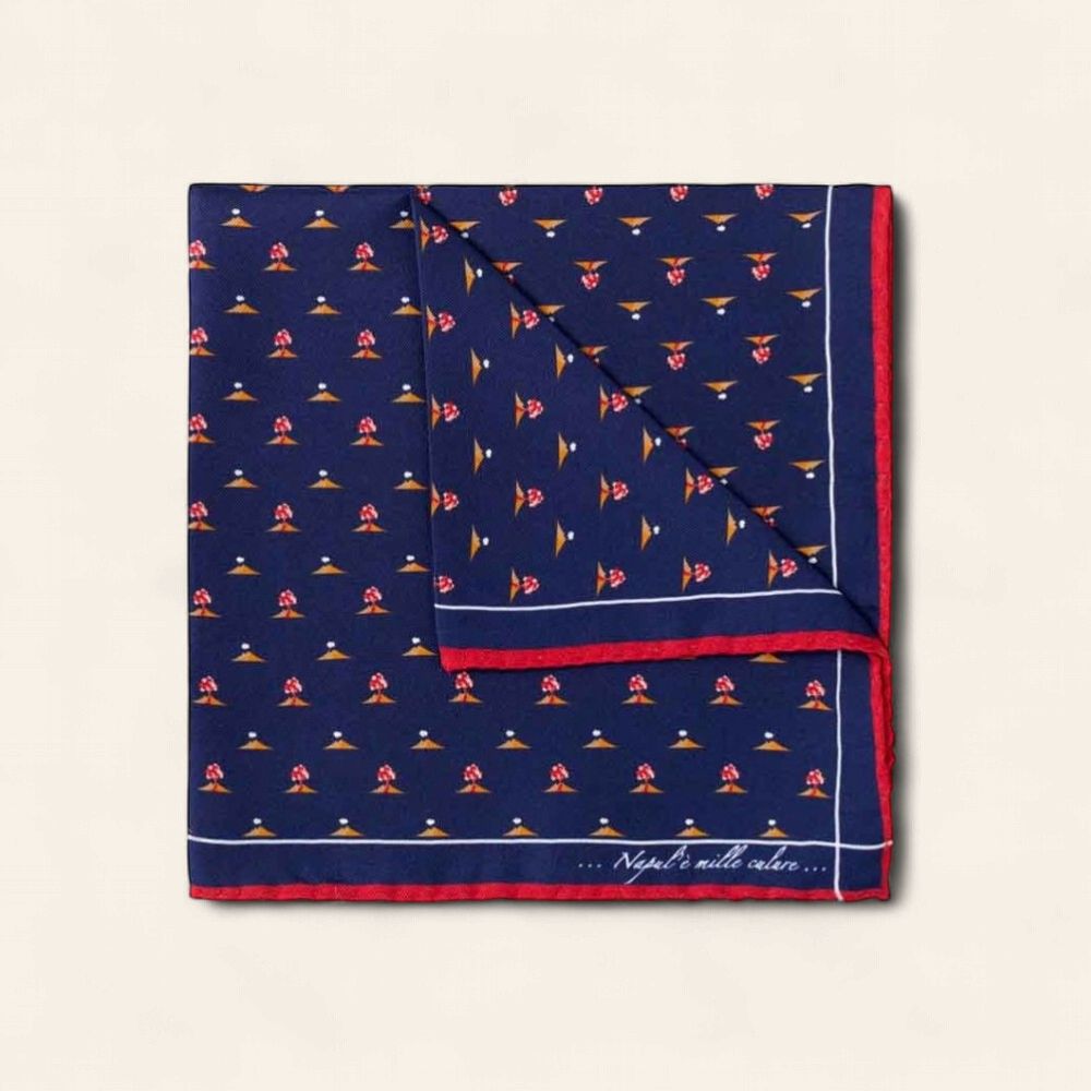 Fefè Napoli Silk Pocket Square – Navy Vesuvius Print