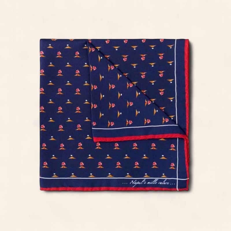 Fefè Napoli Silk Pocket Square – Navy Vesuvius Print