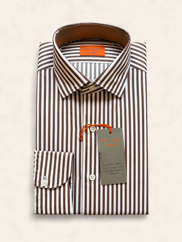Grigio Washed Overhemd – White Brown Stripe