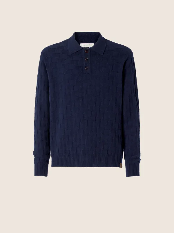 Jacob Cohën – Polo-Kraag Trui - Houndstooth Wool &amp; Cashmere | Night Blue
