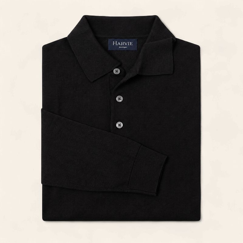 Harvie Blue Label – Knitted Polo Long Sleeve Merino | Black