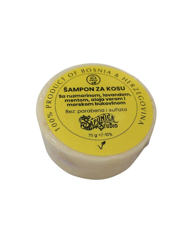 Prirodni čvrsti šampon za kosu s ruzmarinom, lavandom, aloe verom, mentom i morskom bukovinom 70 g - Sapunica Studio