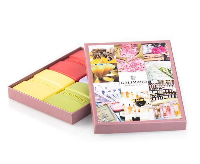 Parfumierte Seifen Galimard in einer 4er-Box (Zitrone Verbene Mimose Pfingstrose)
