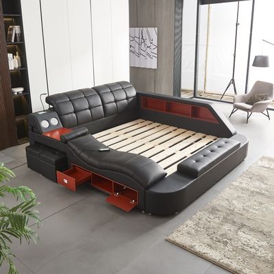 Multifunctional Upholstered Storage Bed Frame, Massage Chaise Lounge on Left, Queen Size, Black