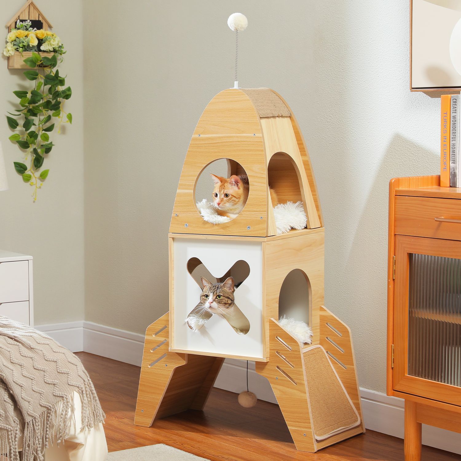 Wooden Rocket-Shaped Cat Tree Tower