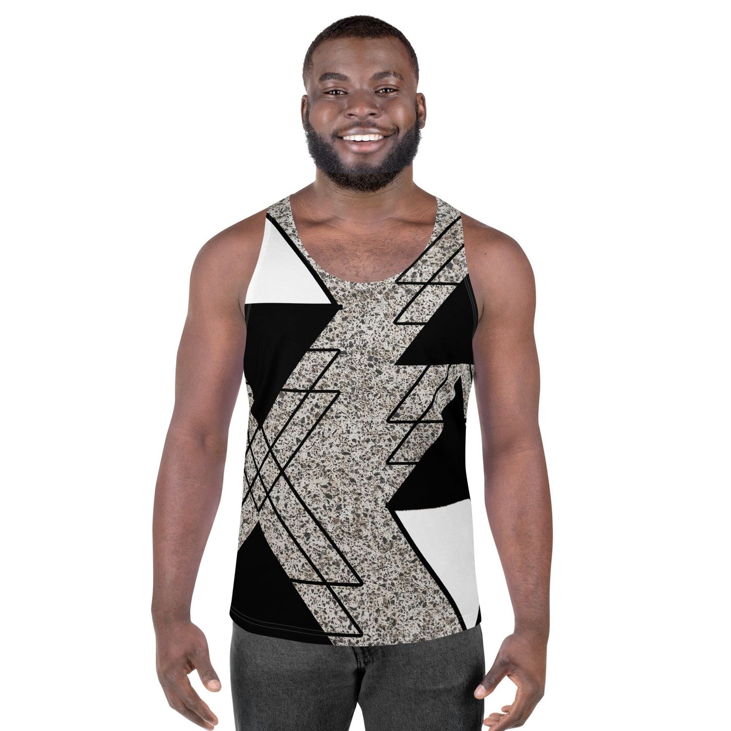Mens Stretch Fit Tank Top, Black and White Triangular Colorblock
