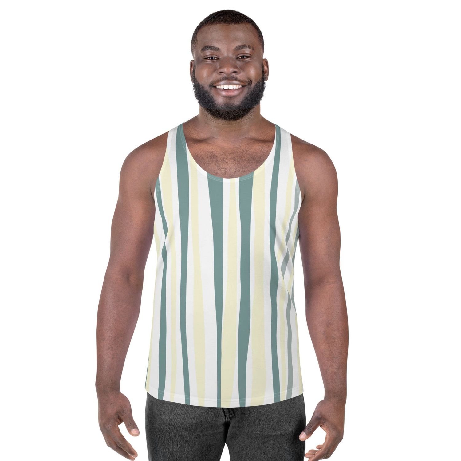 Mens Stretch Fit Tank Top, Green Yellow Geometric Lines