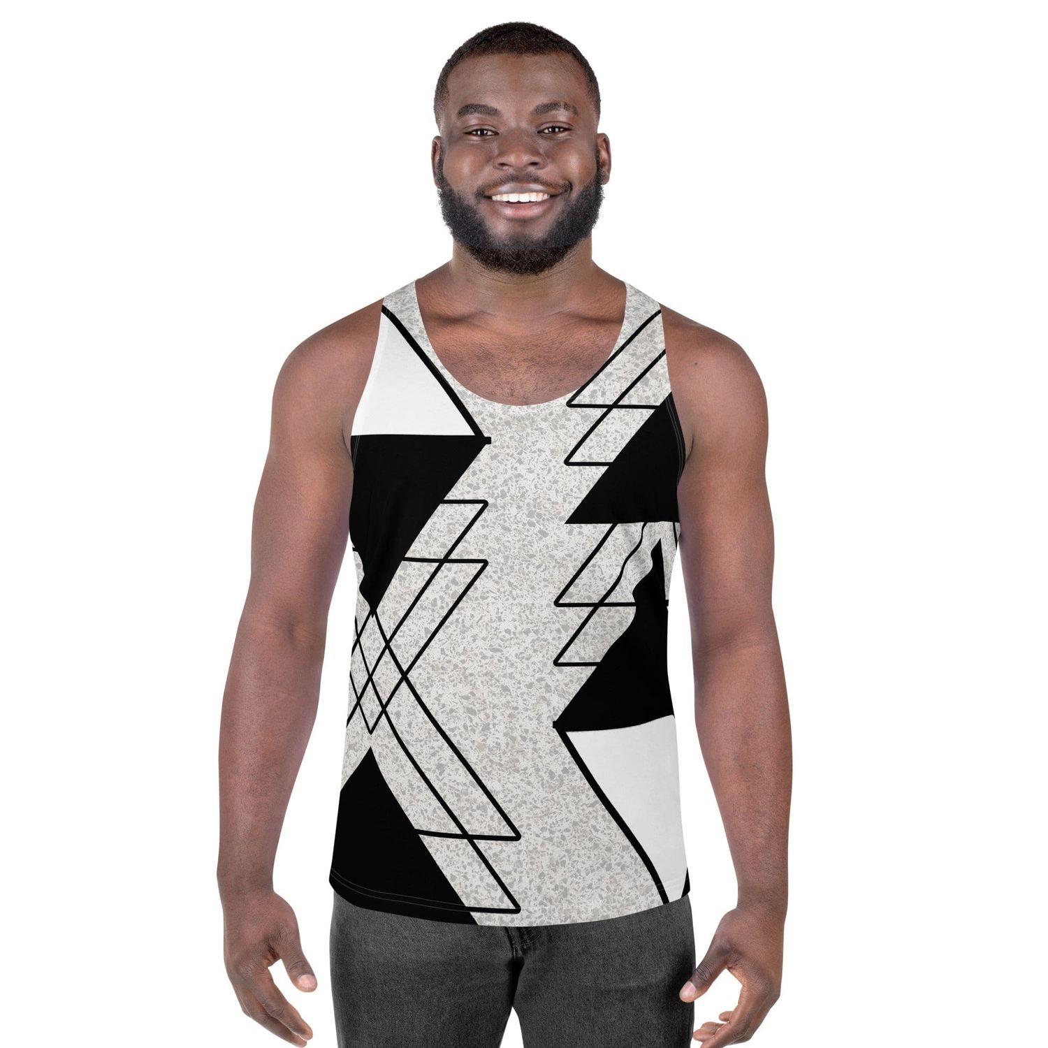 Mens Stretch Fit Tank Top, Black and White Ash Grey Triangular