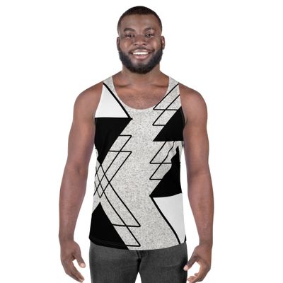 Mens Stretch Fit Tank Top, Black and White Ash Grey Triangular