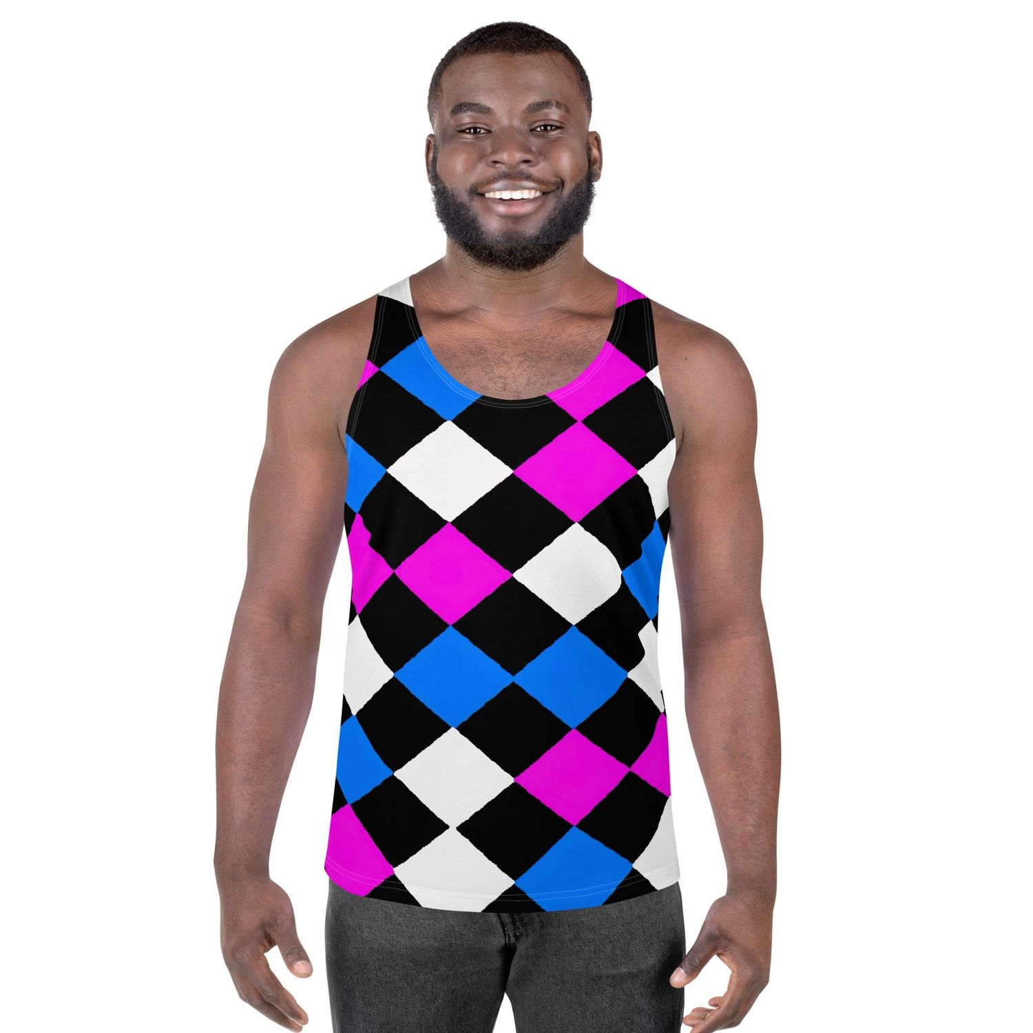 Mens Stretch Fit Tank Top, Pink Blue Checkered Pattern