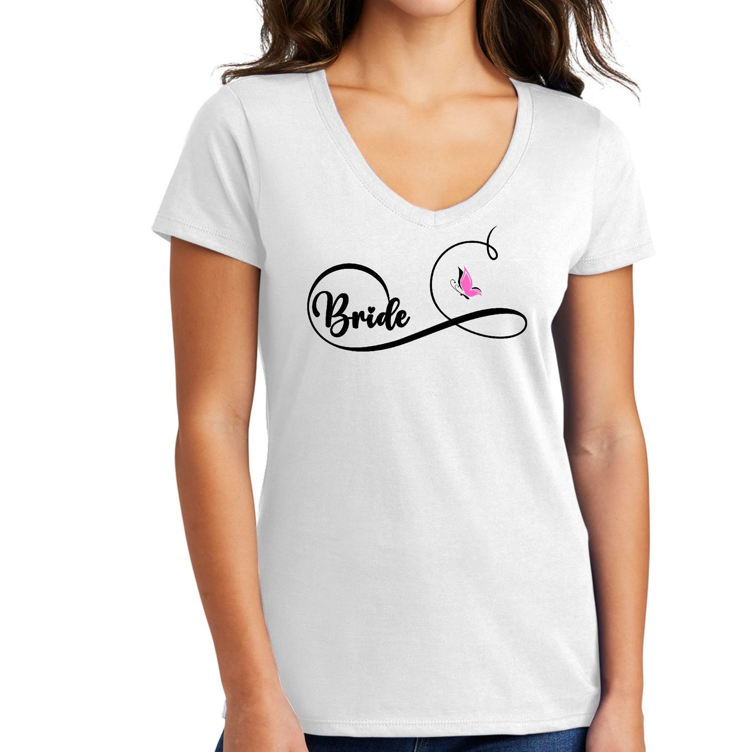 Womens V-neck Graphic T-shirt, Bride - Wedding Bridal Butterfly