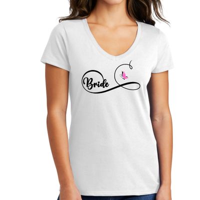 Womens V-neck Graphic T-shirt, Bride - Wedding Bridal Butterfly