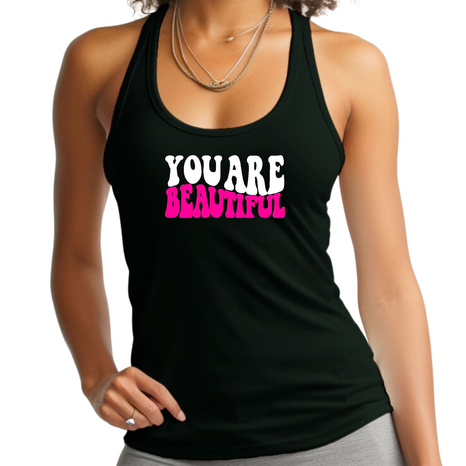 Womens Fitness Tank Top Graphic T-shirt you are Beautiful Pink White