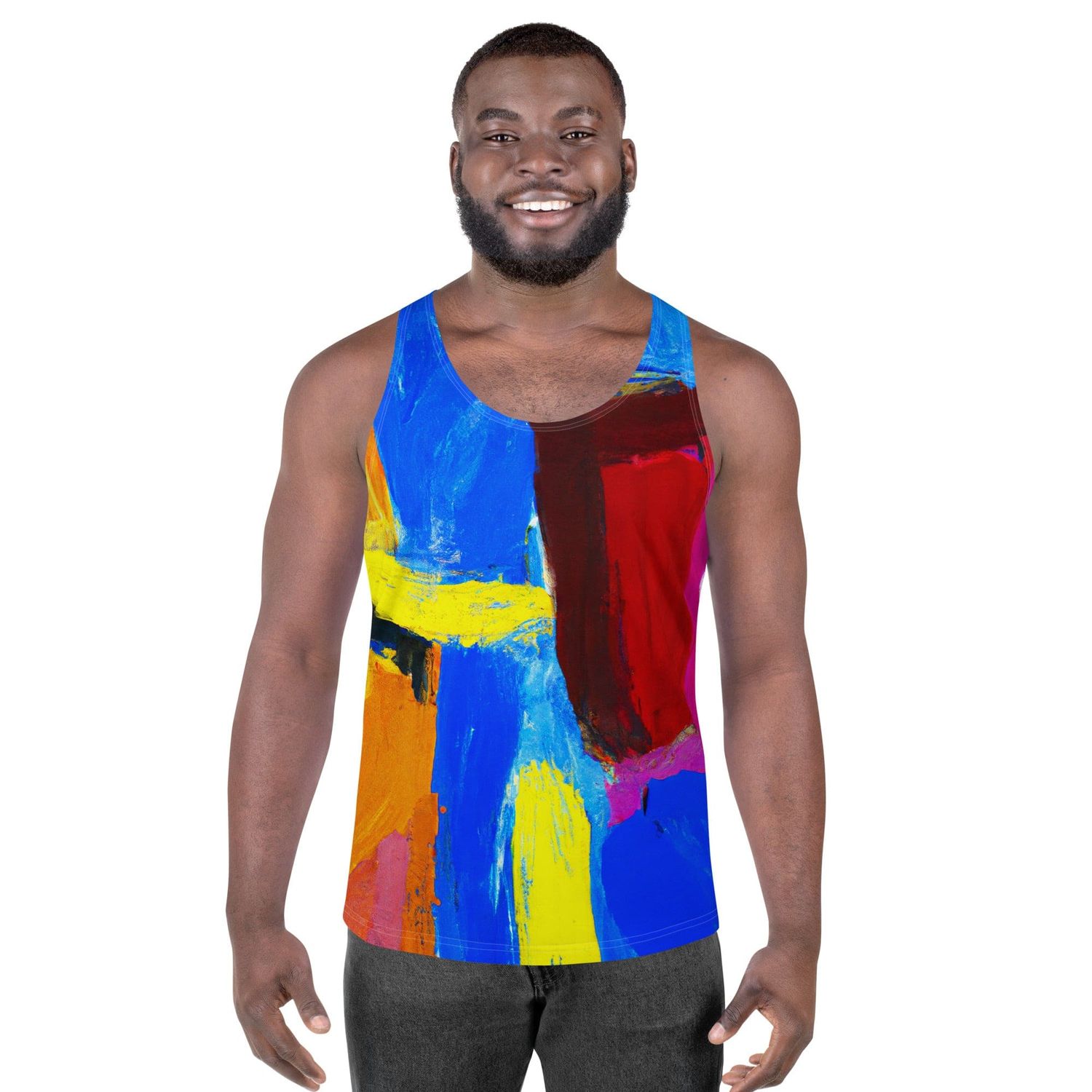 Mens Stretch Fit Tank Top, Blue Red Abstract Pattern