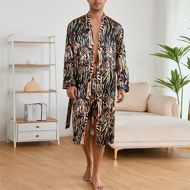 Men s Robes and Shorts 2 Pcs Set with Belts Silk Open Front Long Sleeve Bathrobes Soft Loungewear