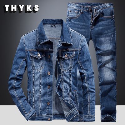 Sets Blue Jean Jackets Men&#39;s Fashion Multi Pockets Loose Casual Cotton Vintage Street Cowboy Coats Brand Clothes Denim Pants Men