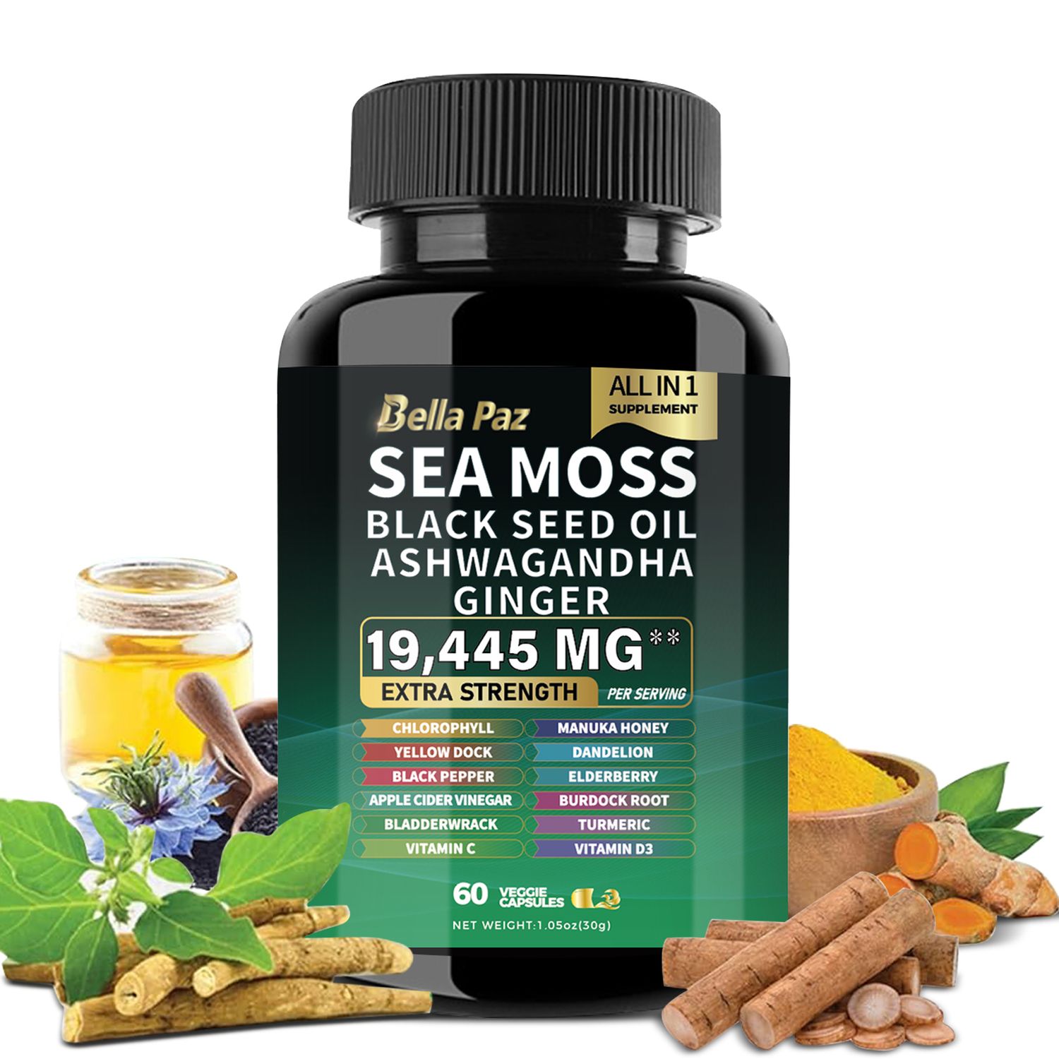 BellaPaz Sea Moss 7000mg, Black Seed Oil 4000mg, Ashwagandha 2000mg, Turmeric 2000mg, with Vitamin C, D3, Elderberry, &amp; more.