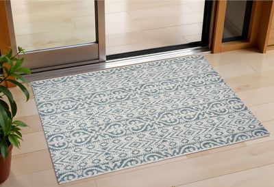 2&#39; X 3&#39; Blue Damask Indoor Outdoor Area Rug