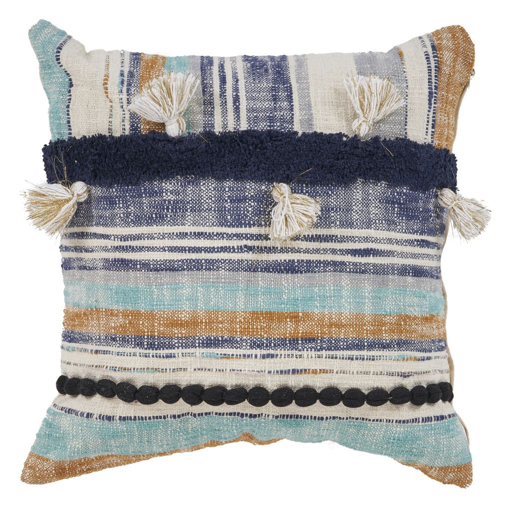 18&quot; Blue and Beige Throw Pillow with Tassels