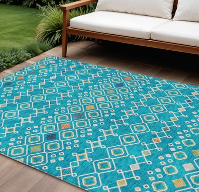 9&#39; X 12&#39; Teal Blue Ivory And Gold Geometric Washable Indoor Outdoor Area Rug