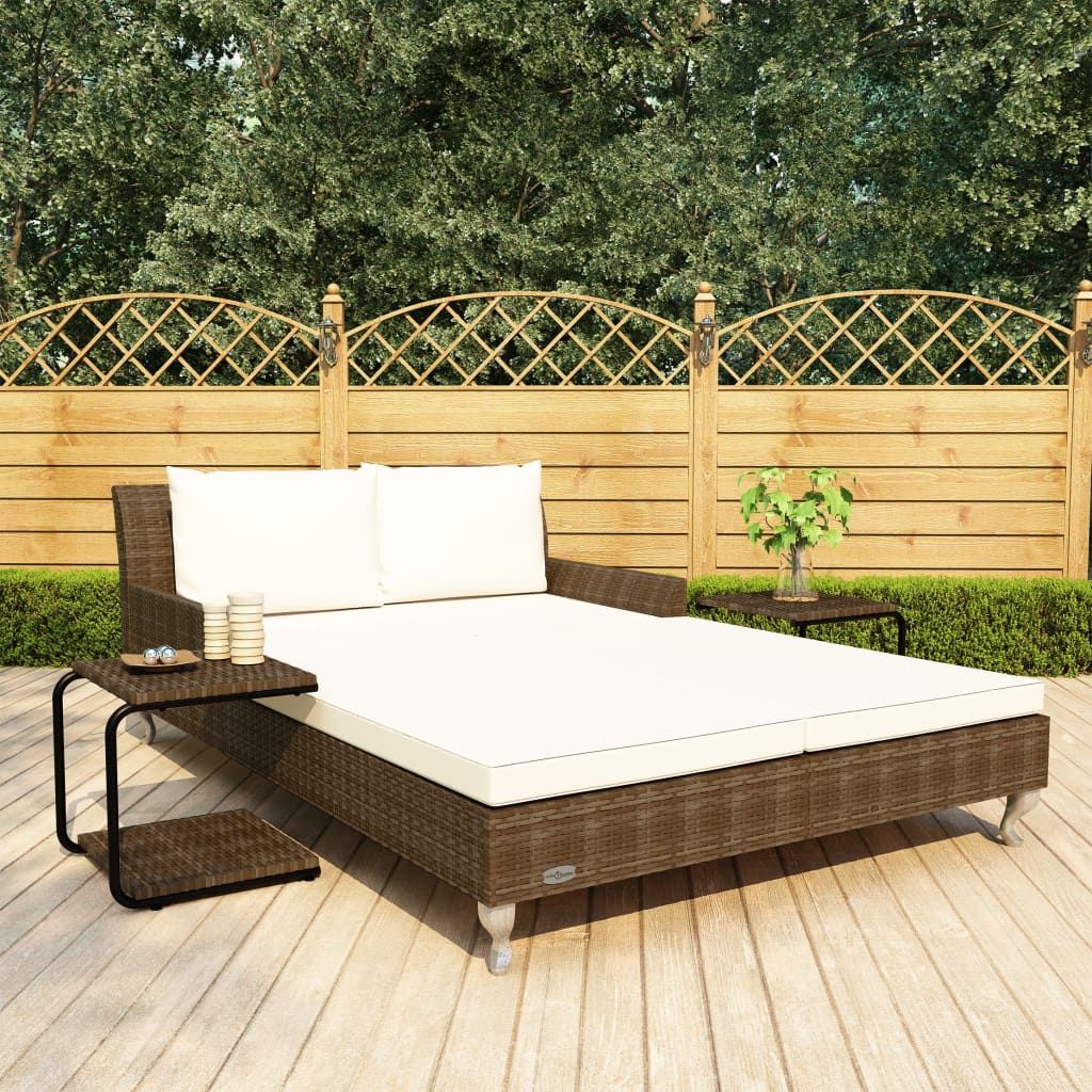 vidaXL Daybed 2-Person Patio Garden Sun Lounge Bed with Cushions Poly Rattan