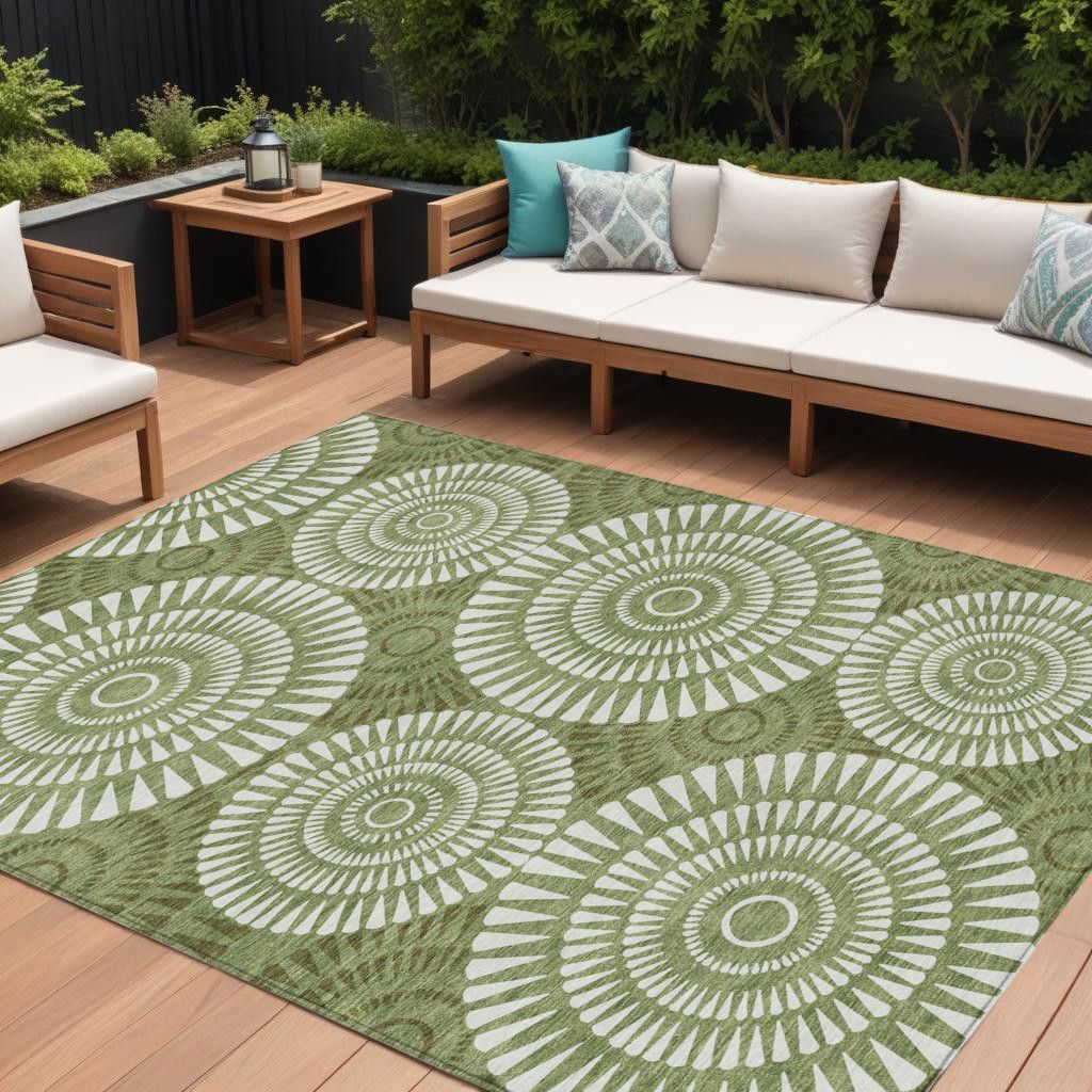 9&#39; X 12&#39; Green And Ivory Geometric Washable Indoor Outdoor Area Rug