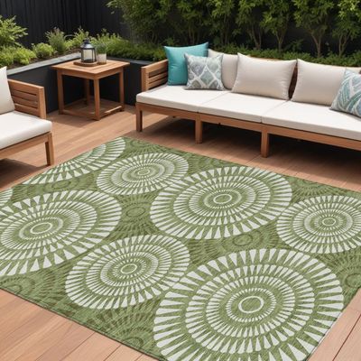 9&#39; X 12&#39; Green And Ivory Geometric Washable Indoor Outdoor Area Rug