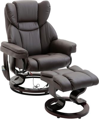 Massage Recliner Chair with Ottoman Footrest, 10 Vibration Points, 360° Swivel Reclining Chair, Faux Leather Living Room Chair with Side Pocket and Remote Control, Brown