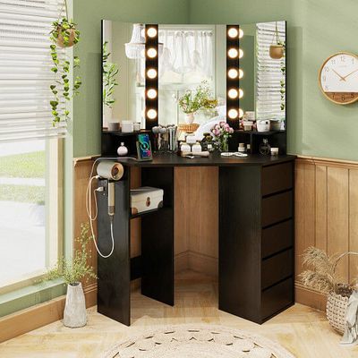 Corner Vanity Desk with 3-Color LED Lighted Mirror and Power Outlet-Black