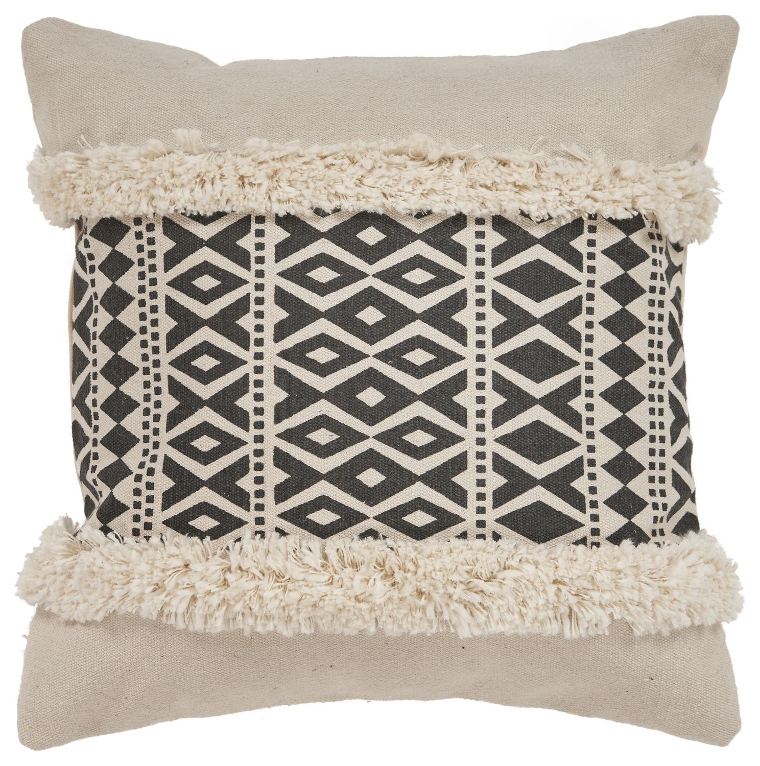 18&quot; X 18&quot; Tan and Black Geometric Cotton Zippered Pillow With Shag