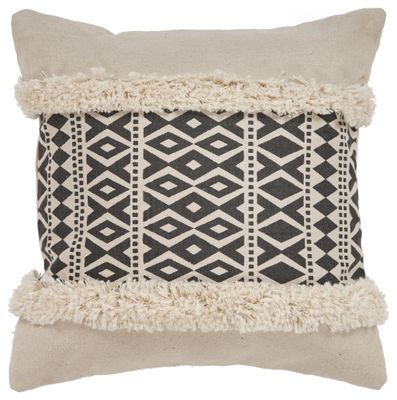 18&quot; X 18&quot; Tan and Black Geometric Cotton Zippered Pillow With Shag