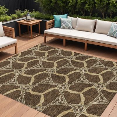 9&#39; X 12&#39; Brown And Beige Geometric Washable Indoor Outdoor Area Rug