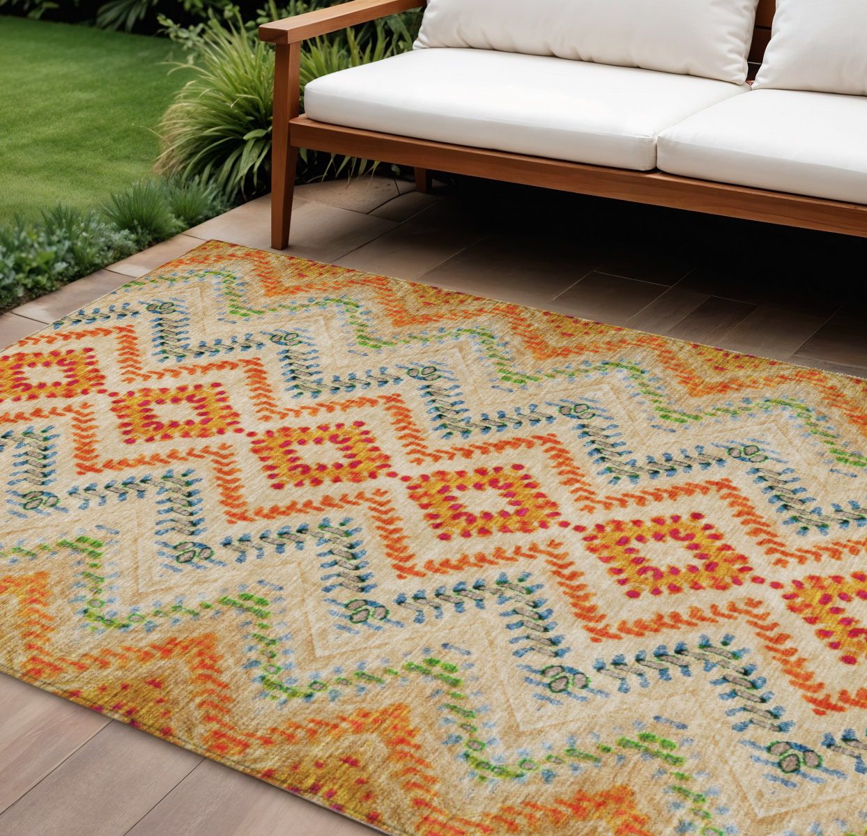 9&#39; X 12&#39; Beige Orange And Red Geometric Washable Indoor Outdoor Area Rug
