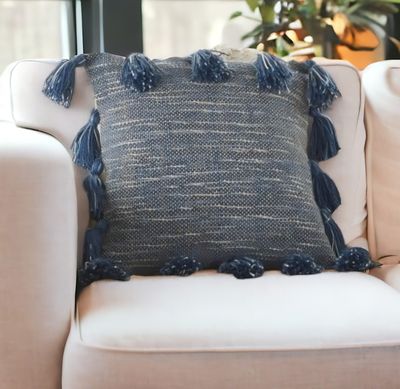 18&quot; Royal Blue Polyester Blend Throw Pillow With Tassels