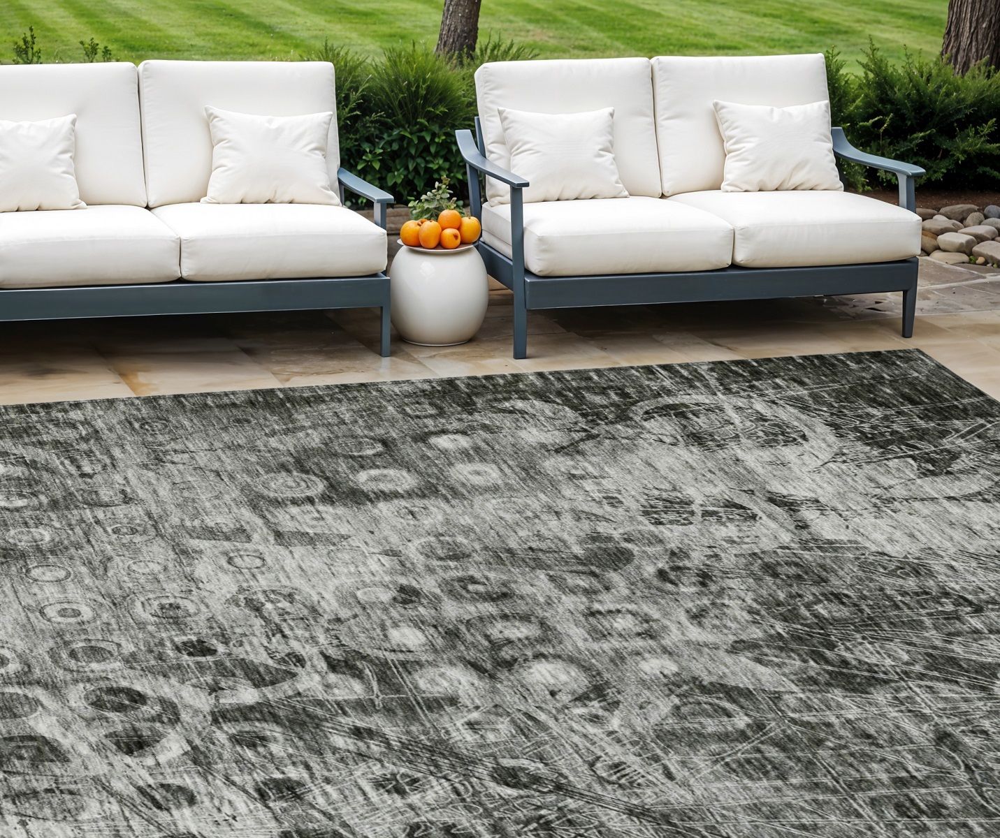 9&#39; X 12&#39; Charcoal Ikat Washable Indoor Outdoor Area Rug