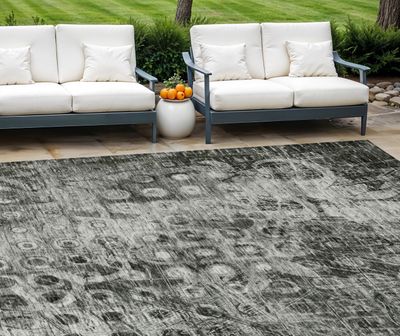 9&#39; X 12&#39; Charcoal Ikat Washable Indoor Outdoor Area Rug