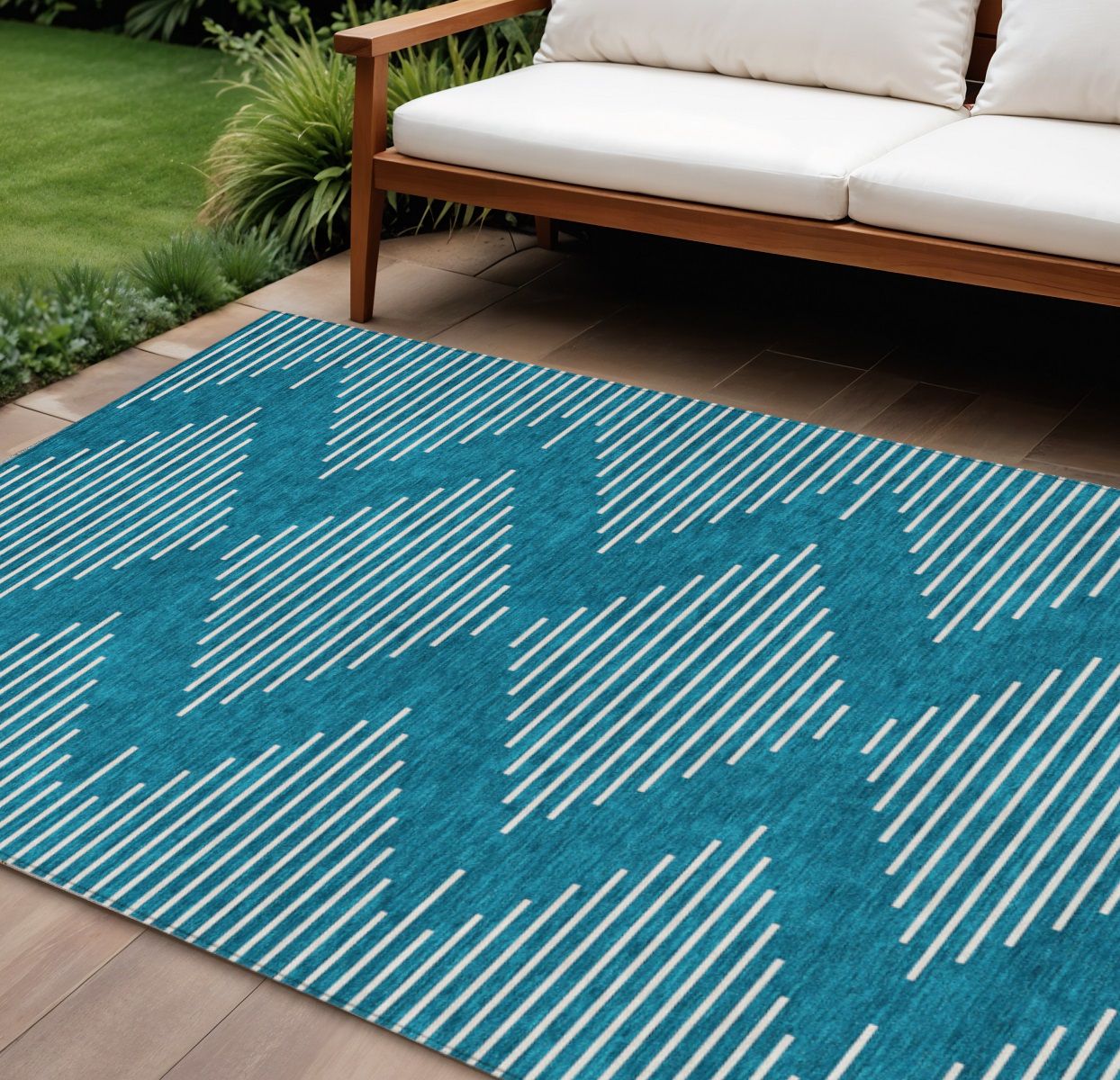 9&#39; X 12&#39; Teal Blue And Ivory Geometric Washable Indoor Outdoor Area Rug