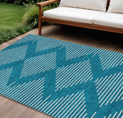 9&#39; X 12&#39; Teal Blue And Ivory Geometric Washable Indoor Outdoor Area Rug