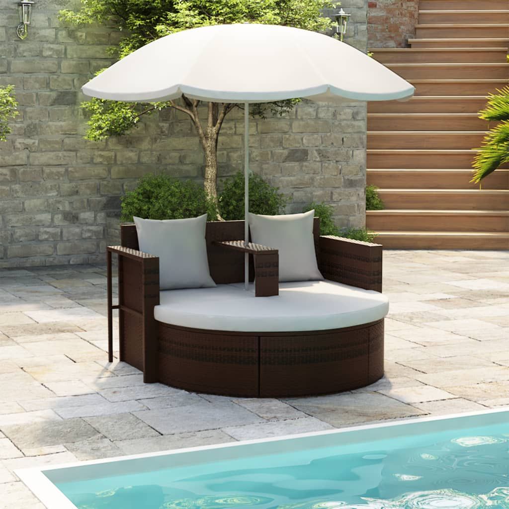 vidaXL Patio Bed Outdoor Patio Lounger Wicker Daybed with Parasol Poly Rattan