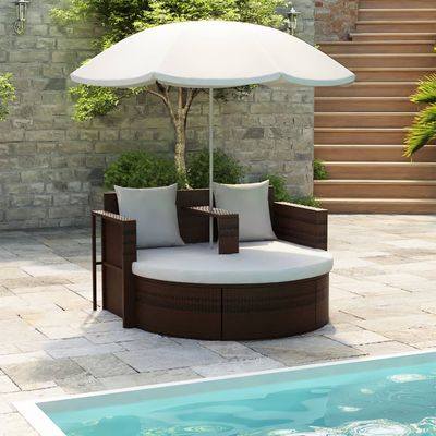 vidaXL Patio Bed Outdoor Patio Lounger Wicker Daybed with Parasol Poly Rattan