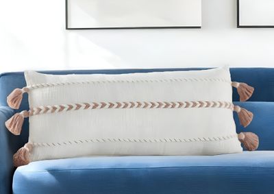 12&quot; X 30&quot; Pink and White Striped Cotton Lumbar Throw Pillow With Tassels