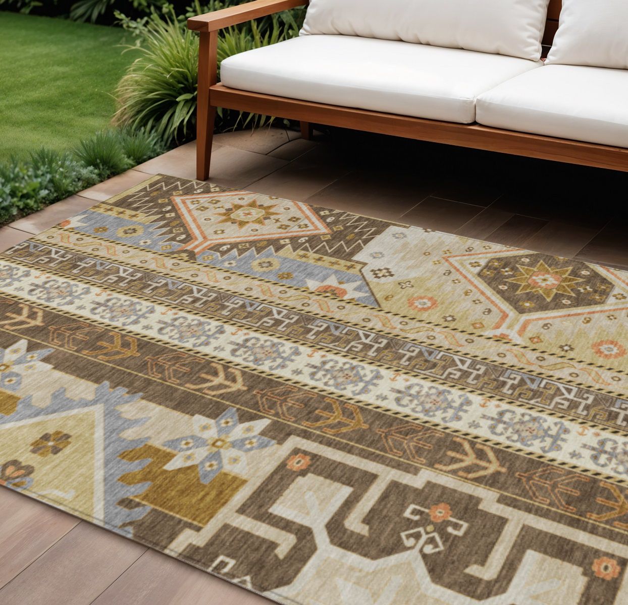 9&#39; X 12&#39; Brown Beige And Ivory Aztec Washable Indoor Outdoor Area Rug