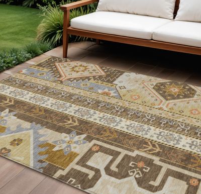 9&#39; X 12&#39; Brown Beige And Ivory Aztec Washable Indoor Outdoor Area Rug