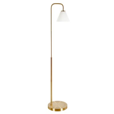 62&quot; Brass Arched Floor Lamp With White Frosted Glass Cone Shade