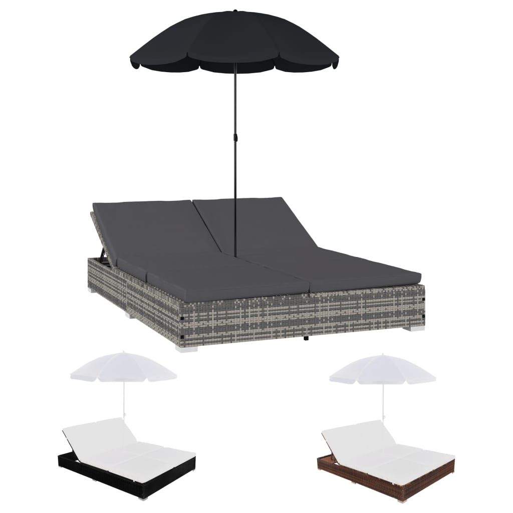 vidaXL Patio Lounge Bed Outdoor Sun Lounger Chair with Umbrella Poly Rattan
