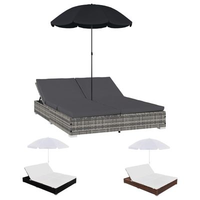 vidaXL Patio Lounge Bed Outdoor Sun Lounger Chair with Umbrella Poly Rattan
